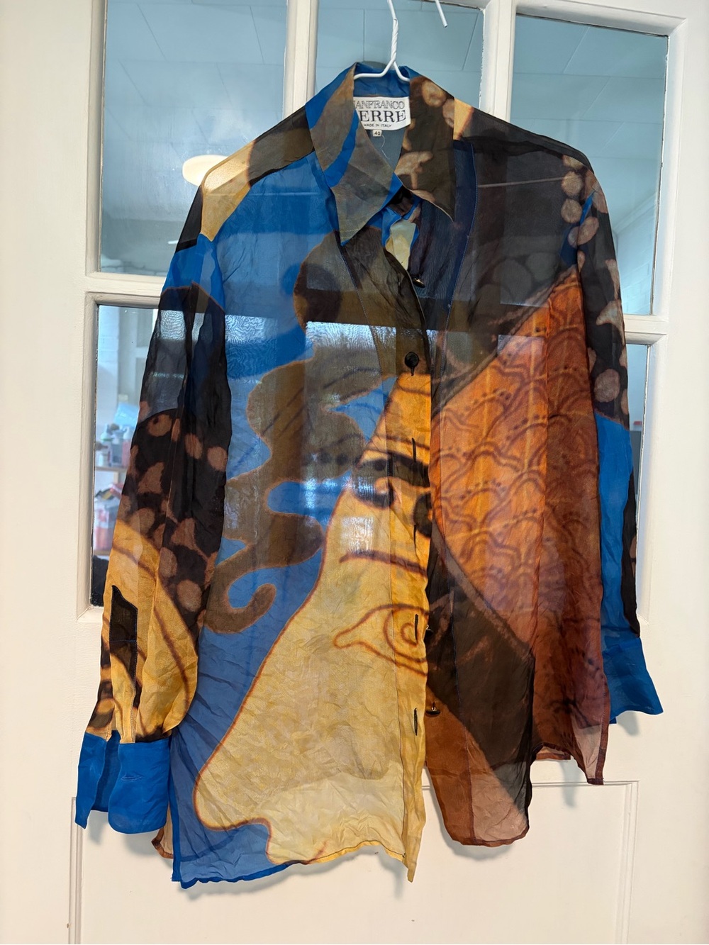 Gianfranco Ferre Blue Brown Gold Abstract Silk Button-Down Shirt